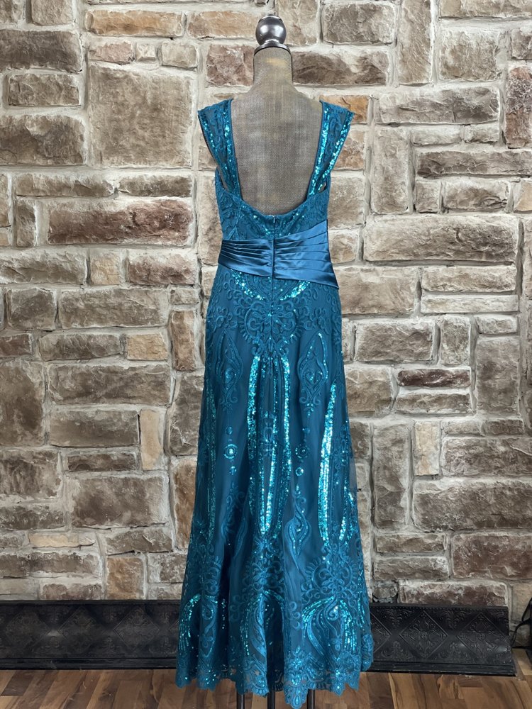 Jade Couture Teal Sequin Lace Satin Waist Gown, Size 10