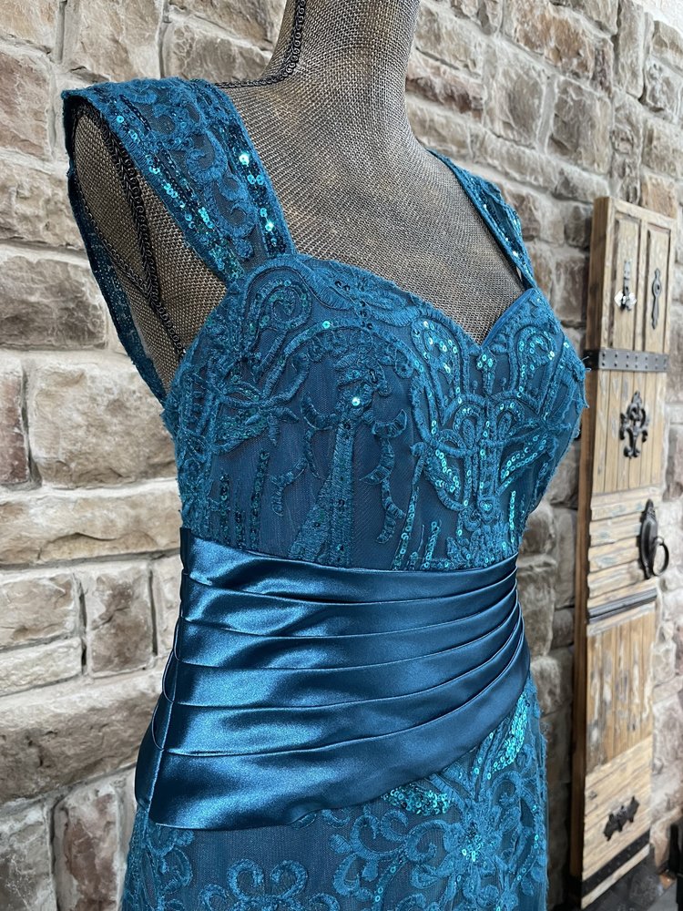 Jade Couture Teal Sequin Lace Satin Waist Gown, Size 10