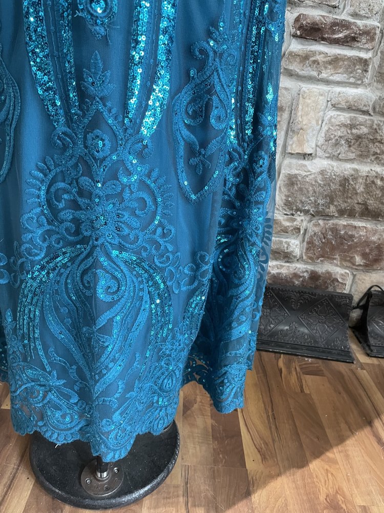 Jade Couture Teal Sequin Lace Satin Waist Gown, Size 10