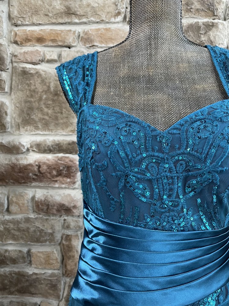 Jade Couture Teal Sequin Lace Satin Waist Gown, Size 10