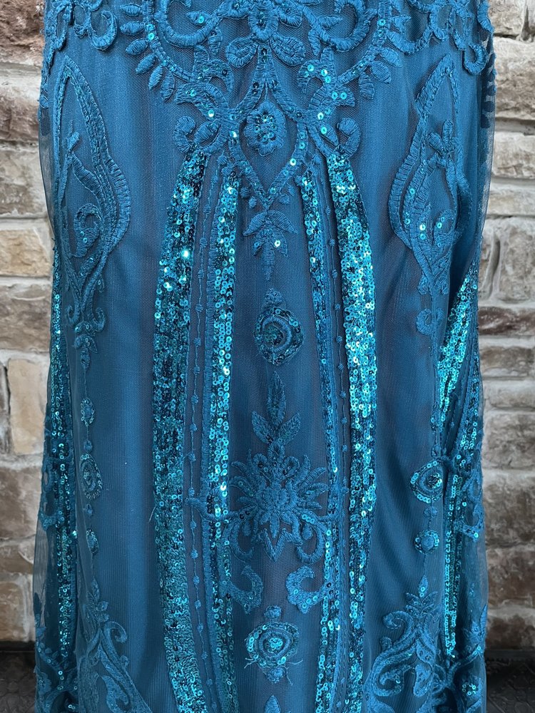 Jade Couture Teal Sequin Lace Satin Waist Gown, Size 10