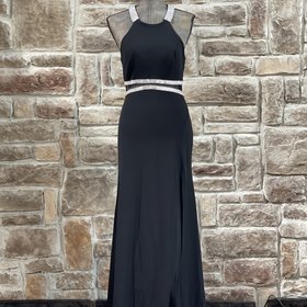 Sequin Hearts Black Double Rhinestone Waist Halter Gown