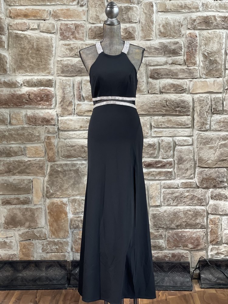 Sequin Hearts Black Double Rhinestone Waist Halter Gown