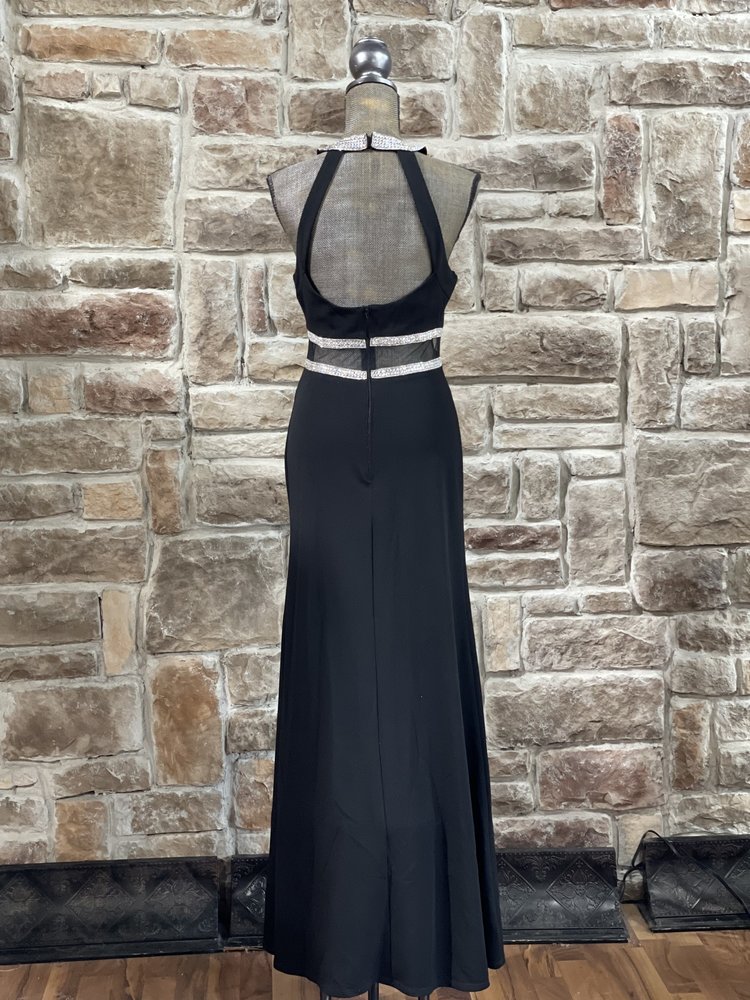 Sequin Hearts Black Double Rhinestone Waist Halter Gown
