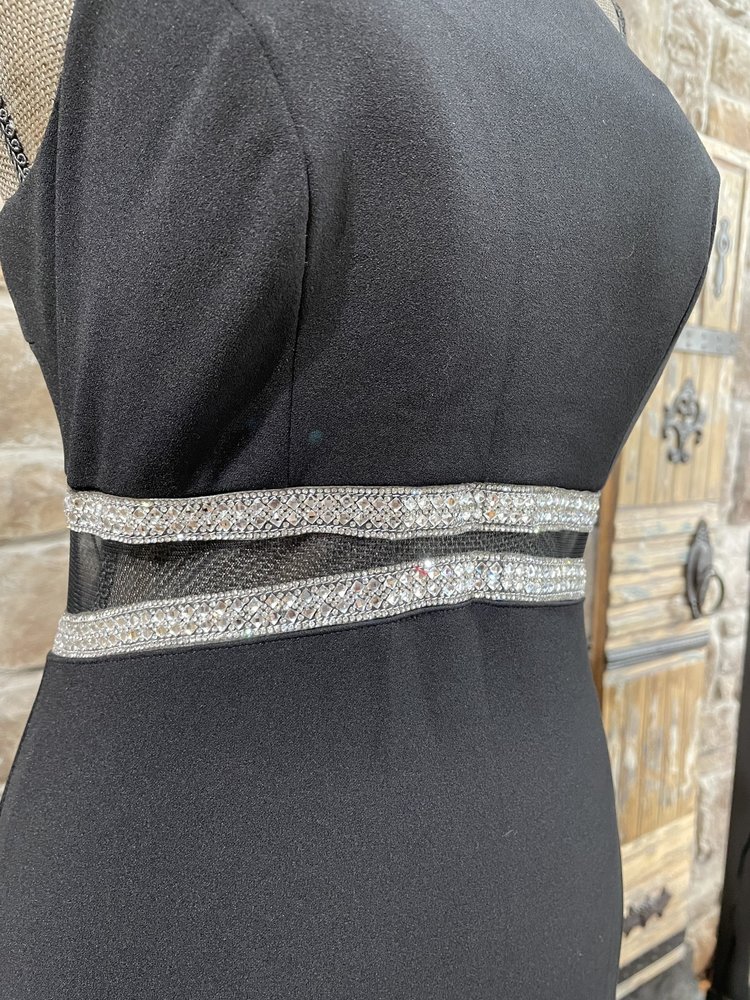 Sequin Hearts Black Double Rhinestone Waist Halter Gown