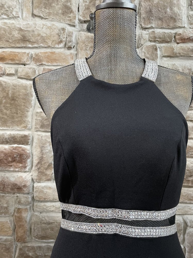 Sequin Hearts Black Double Rhinestone Waist Halter Gown