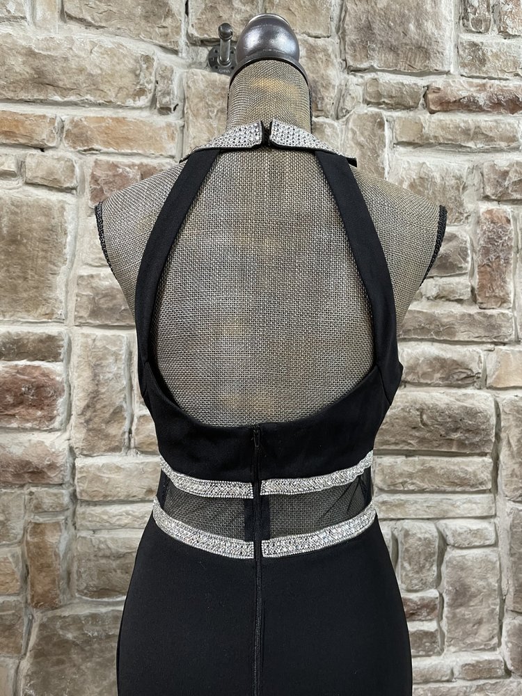 Sequin Hearts Black Double Rhinestone Waist Halter Gown