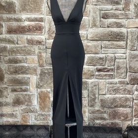 B Darlin Black Plunging Neck Front Slit Gown