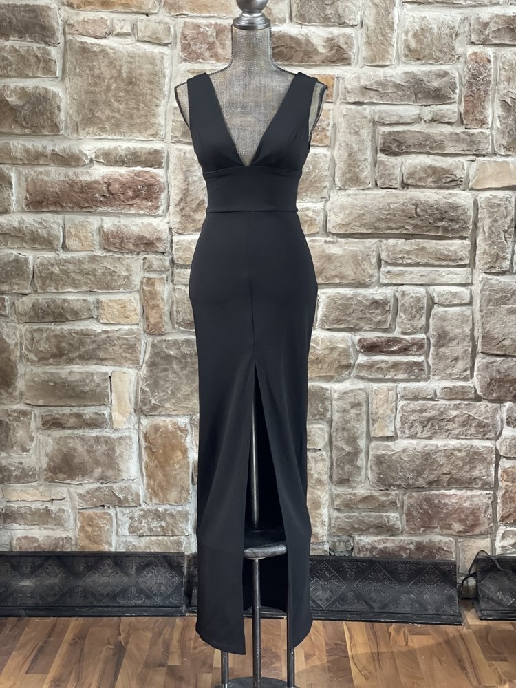 B Darlin Black Plunging Neck Front Slit Gown