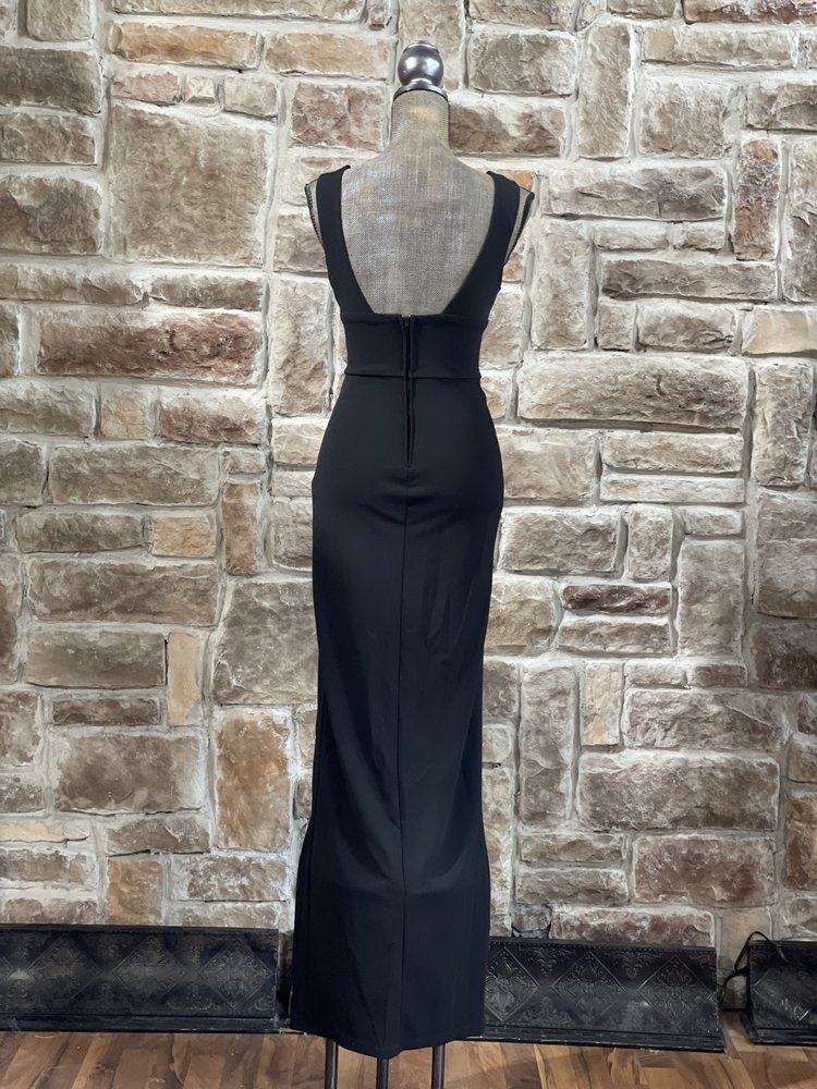 B Darlin Black Plunging Neck Front Slit Gown