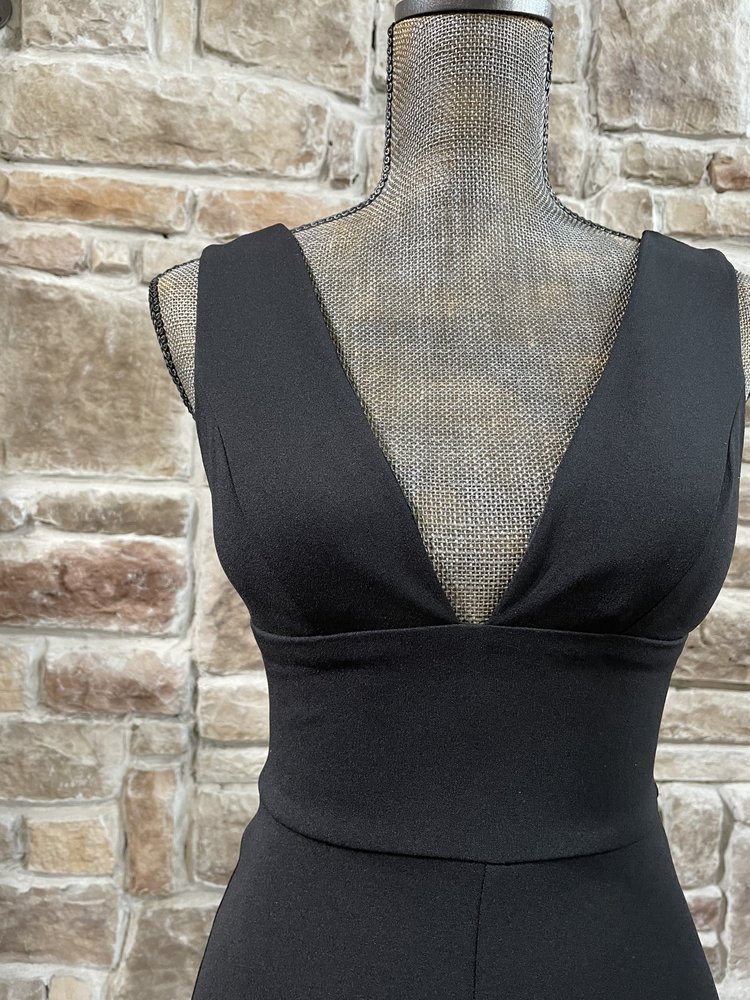 B Darlin Black Plunging Neck Front Slit Gown