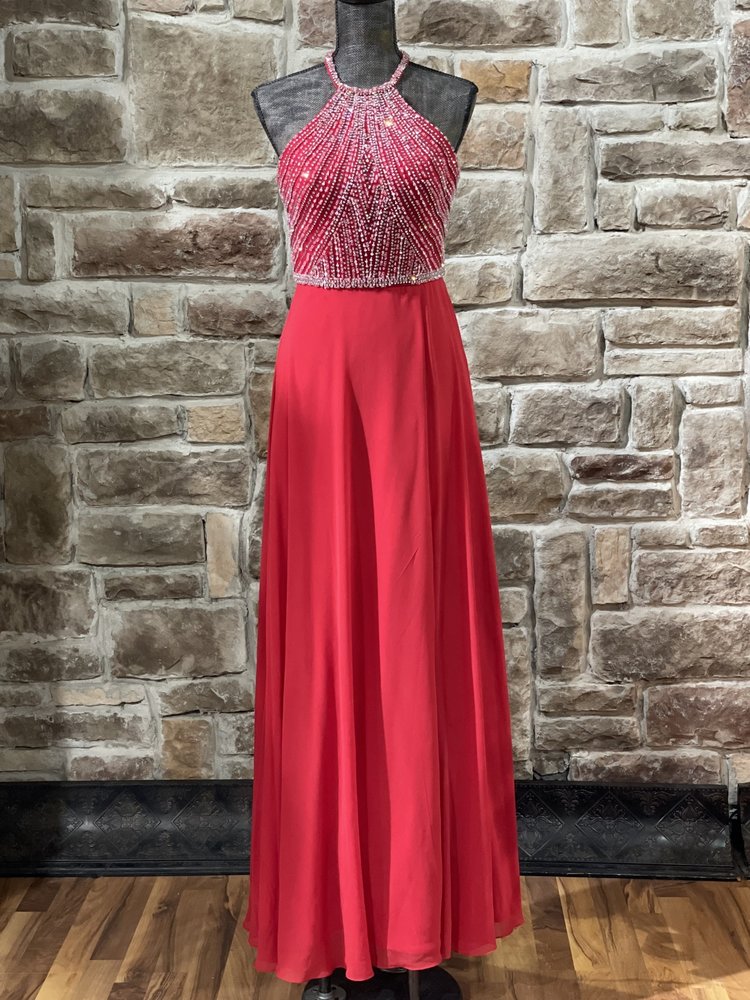 TLC Say Yes to the Prom Red Halter Beaded Top Strappy Back Gown, Size 11/12