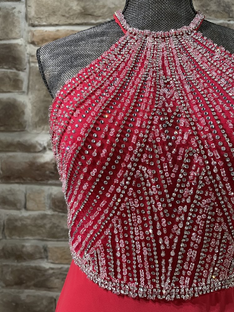 TLC Say Yes to the Prom Red Halter Beaded Top Strappy Back Gown, Size 11/12