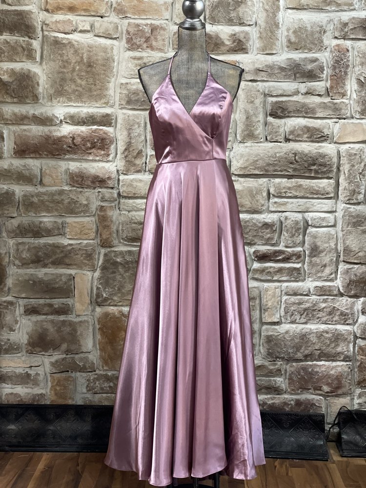 Blondie Nites Mauve Satin Halter Gown w/ Pockets