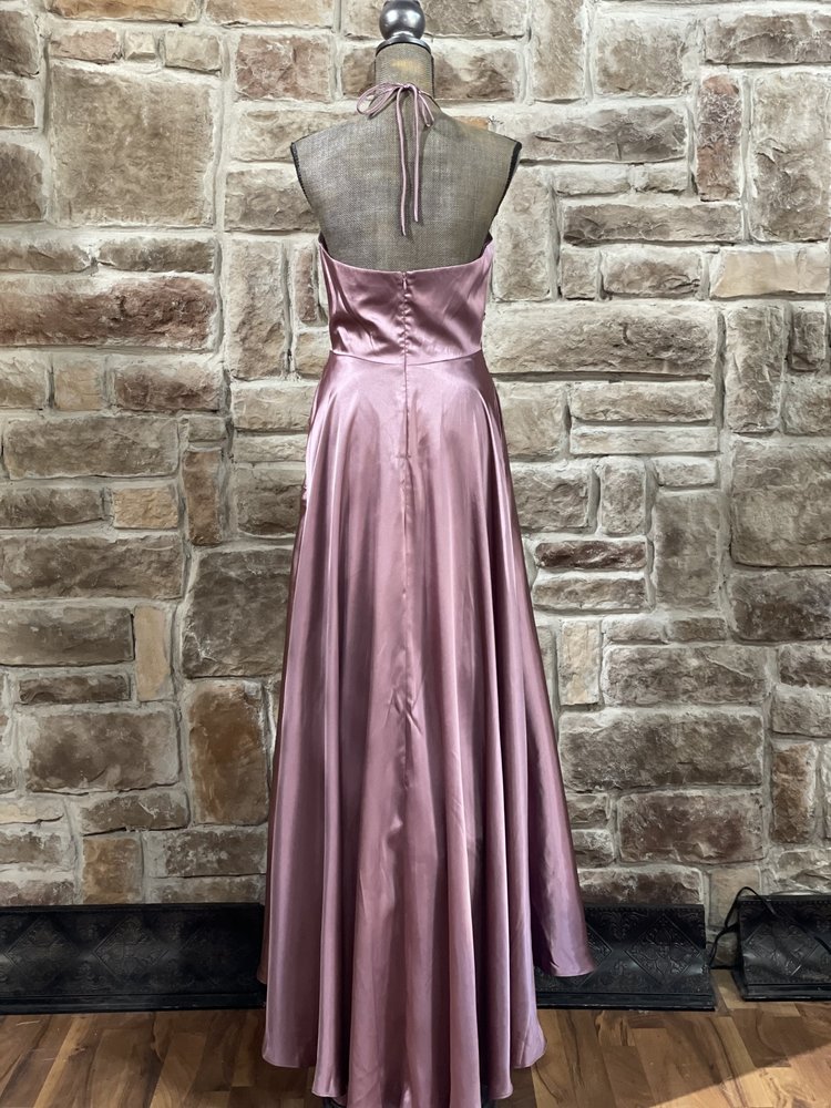 Blondie Nites Mauve Satin Halter Gown w/ Pockets