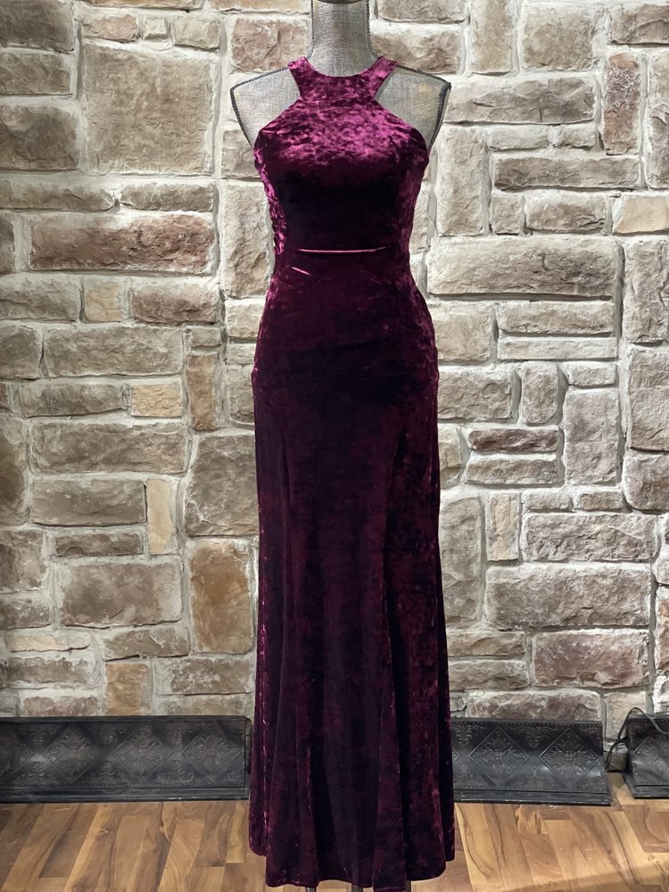 City Studio Maroon Crushed Velvet Strappy Back Gown