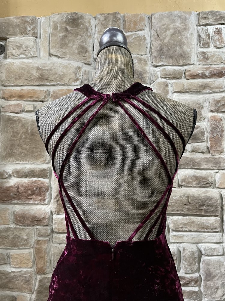 City Studio Maroon Crushed Velvet Strappy Back Gown