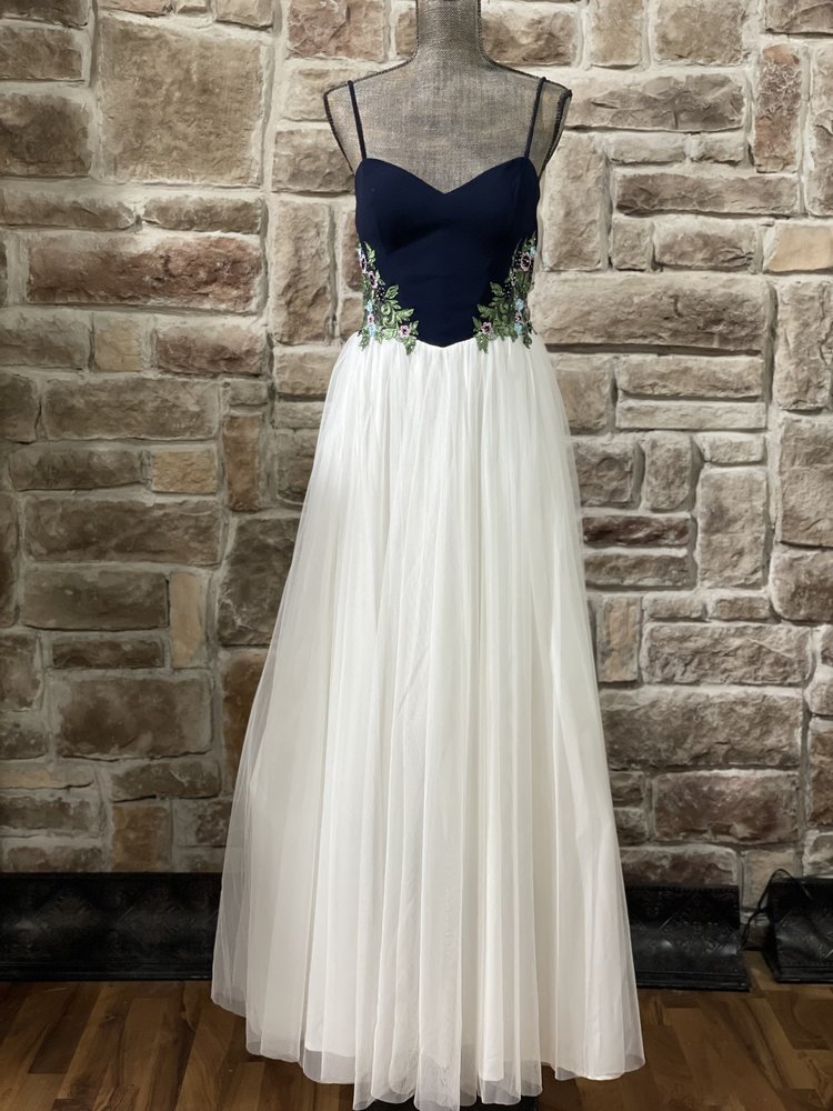 Blondie Nites Navy and White Waist Applique Gown, Size 13/14