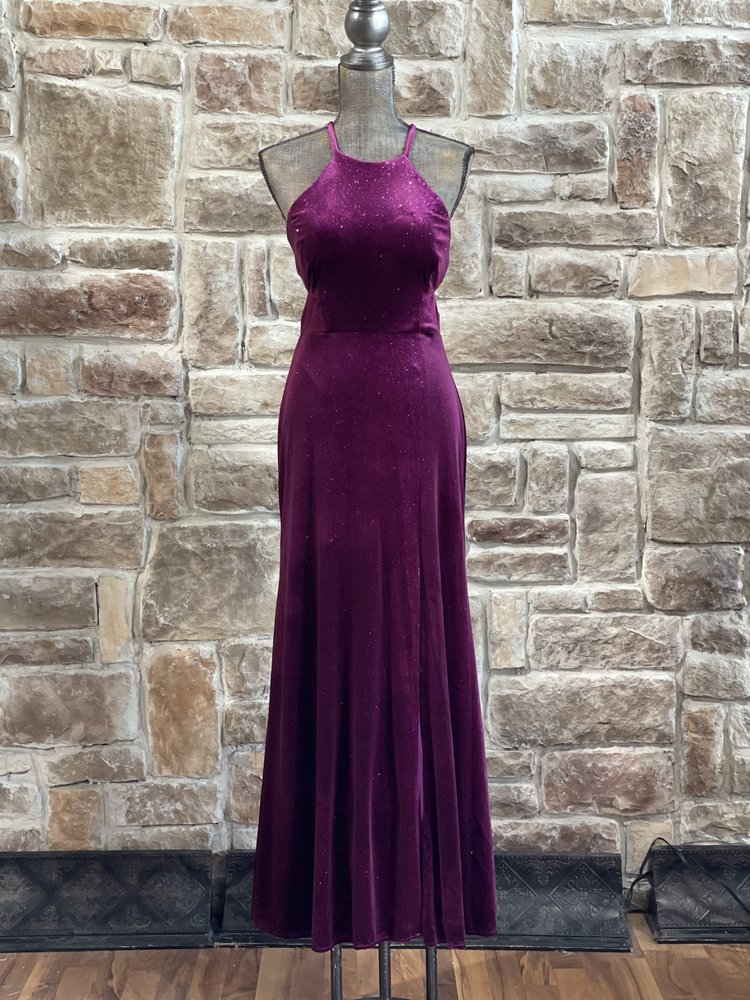 Morgan & Co. Fuchsia Glitter Velvet Strappy Back Gown