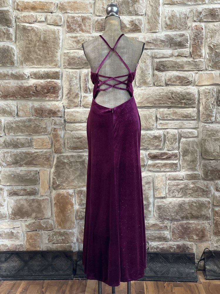 Morgan & Co. Fuchsia Glitter Velvet Strappy Back Gown