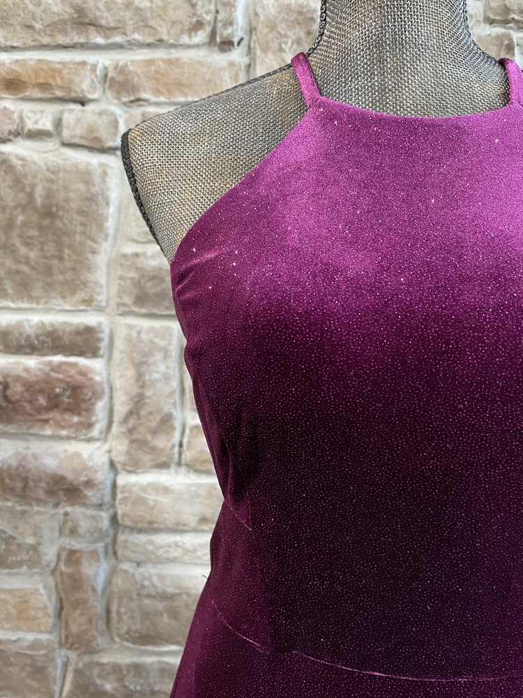 Morgan & Co. Fuchsia Glitter Velvet Strappy Back Gown