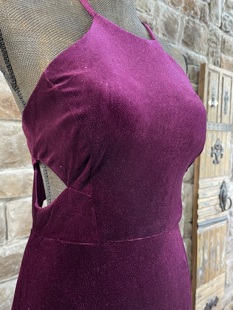 Morgan & Co. Fuchsia Glitter Velvet Strappy Back Gown