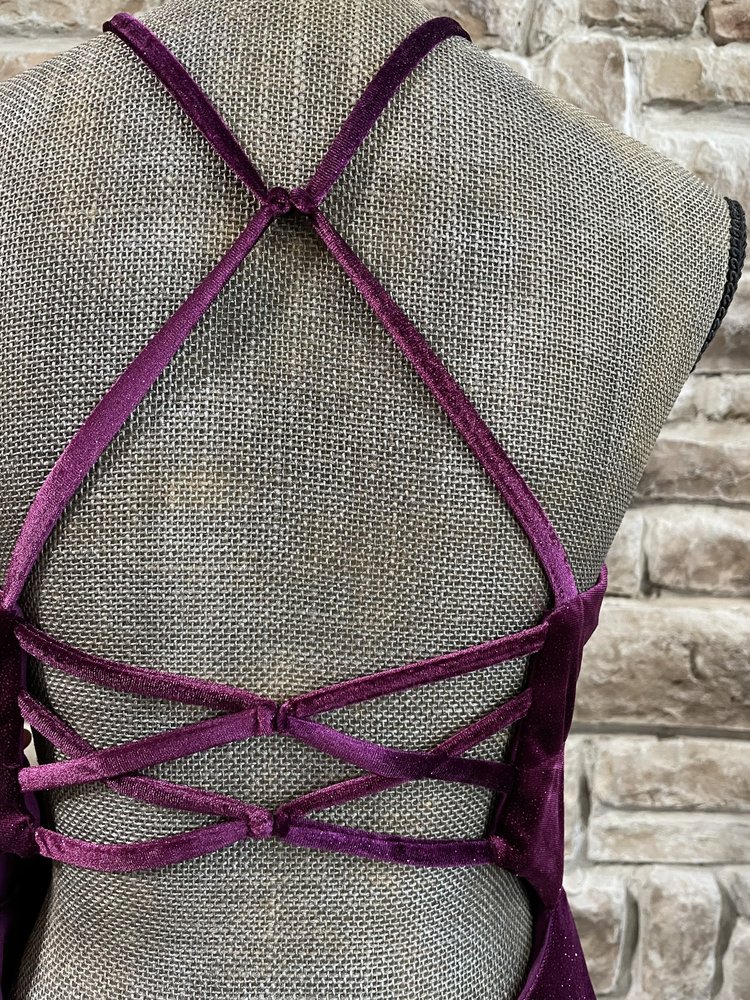 Morgan & Co. Fuchsia Glitter Velvet Strappy Back Gown