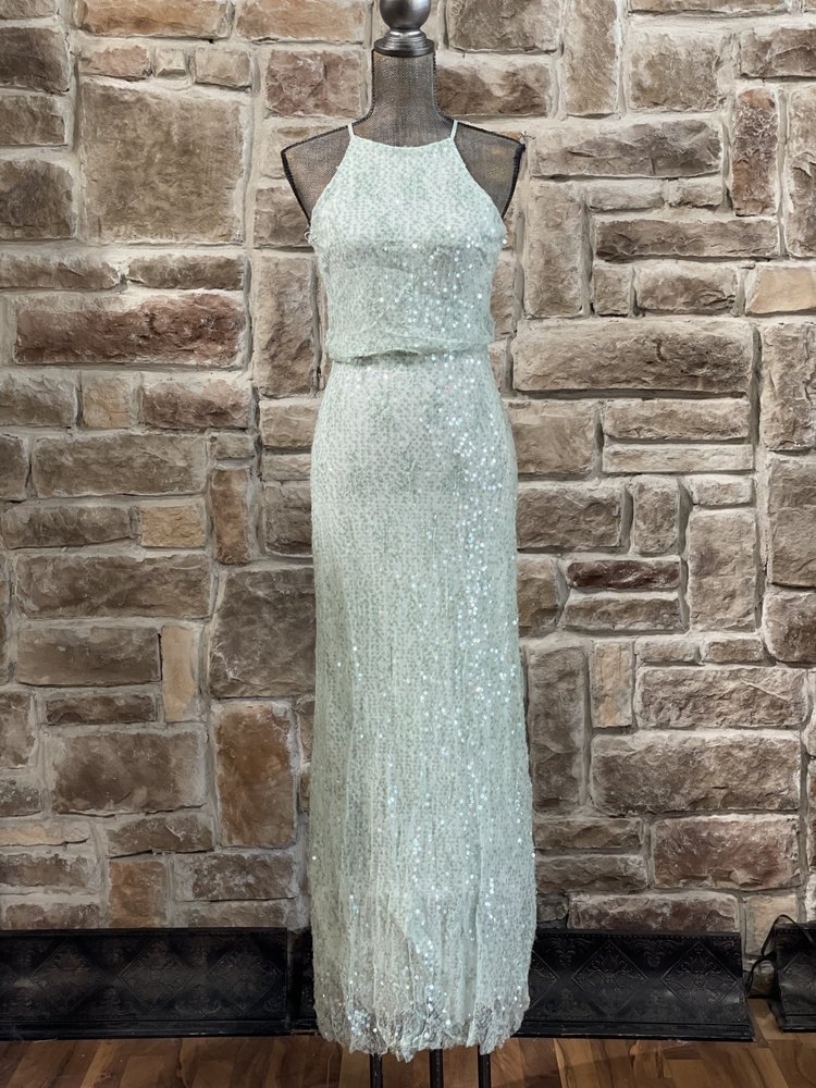 B Darlin Light Green Sequin Halter Gown