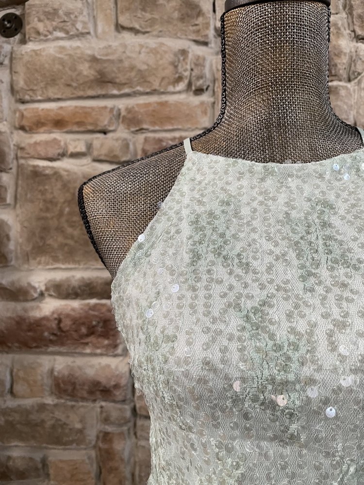 B Darlin Light Green Sequin Halter Gown