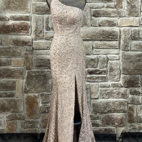 Sherri Hill Rose Gold Leaf Embroidered One Shoulder Gown, Size 18