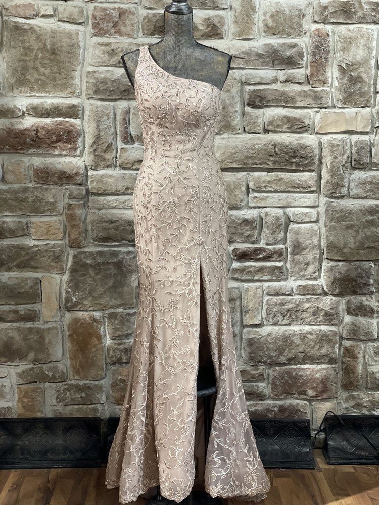 Sherri Hill Rose Gold Leaf Embroidered One Shoulder Gown, Size 18