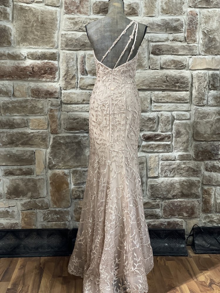 Sherri Hill Rose Gold Leaf Embroidered One Shoulder Gown, Size 18