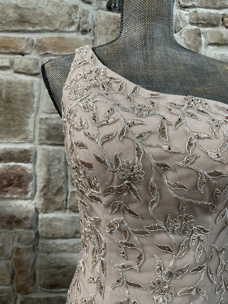 Sherri Hill Rose Gold Leaf Embroidered One Shoulder Gown, Size 18