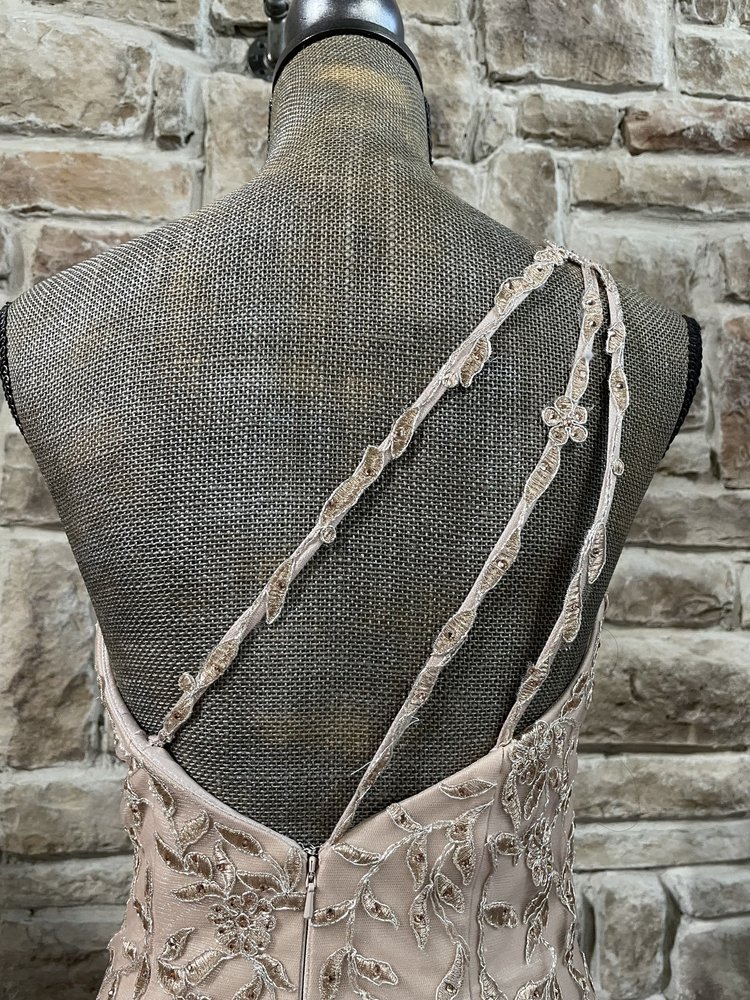 Sherri Hill Rose Gold Leaf Embroidered One Shoulder Gown, Size 18