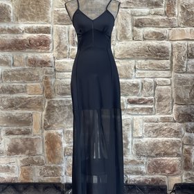 French Connection Black Jersey Knit Mesh Panel Chiffon Skirt Gown, Size 8