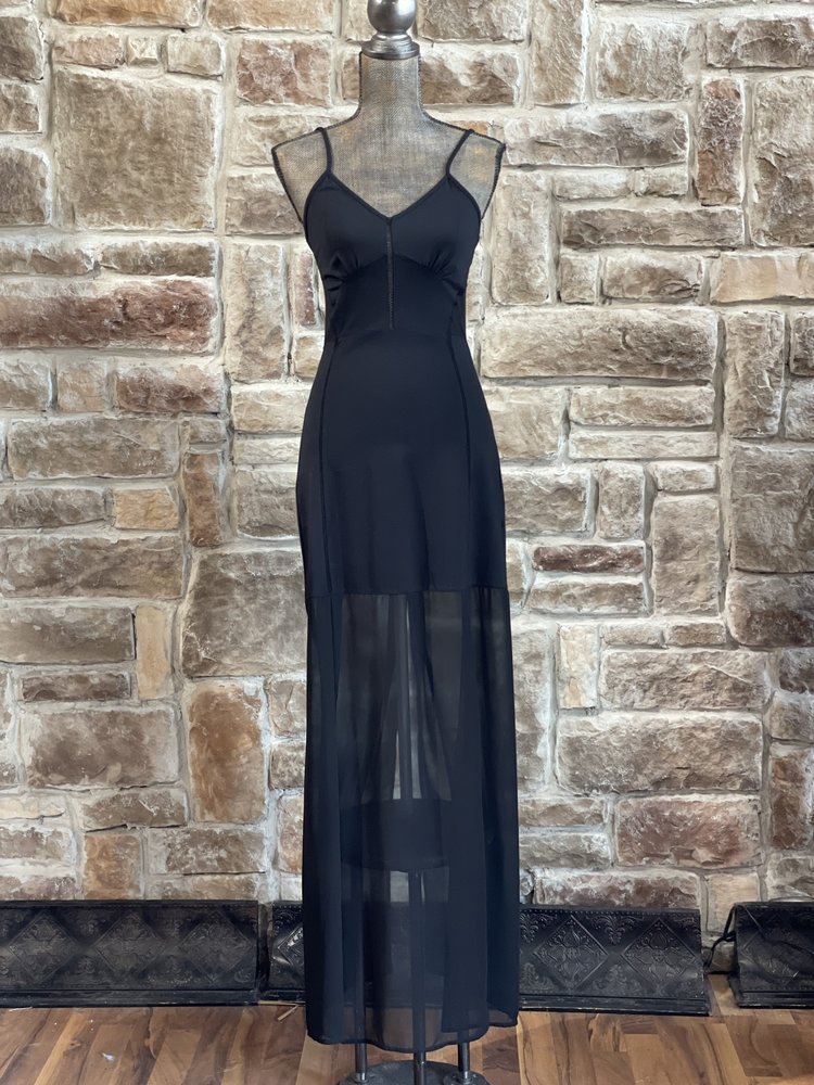 French Connection Black Jersey Knit Mesh Panel Chiffon Skirt Gown, Size 8