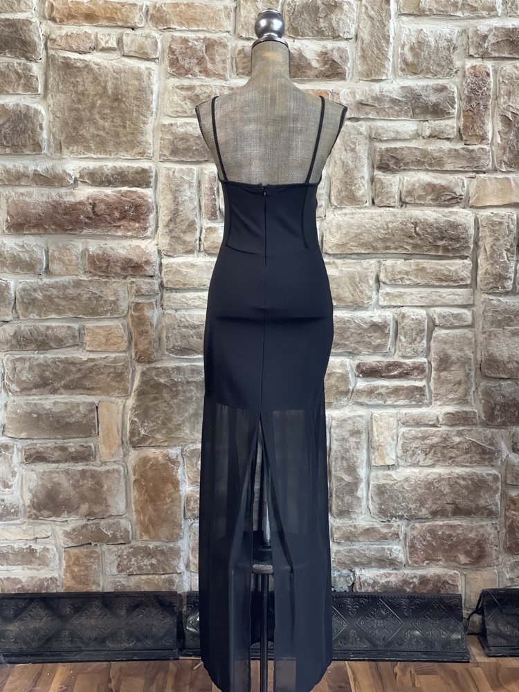 French Connection Black Jersey Knit Mesh Panel Chiffon Skirt Gown, Size 8