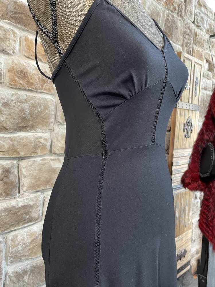 French Connection Black Jersey Knit Mesh Panel Chiffon Skirt Gown, Size 8