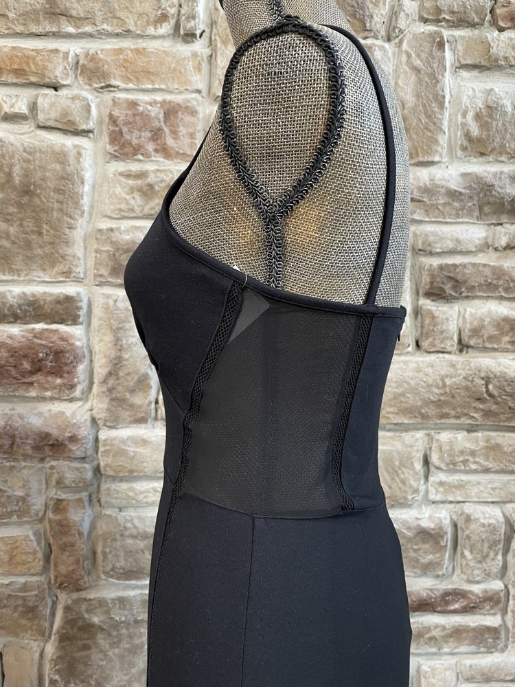 French Connection Black Jersey Knit Mesh Panel Chiffon Skirt Gown, Size 8