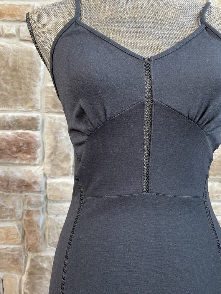 French Connection Black Jersey Knit Mesh Panel Chiffon Skirt Gown, Size 8