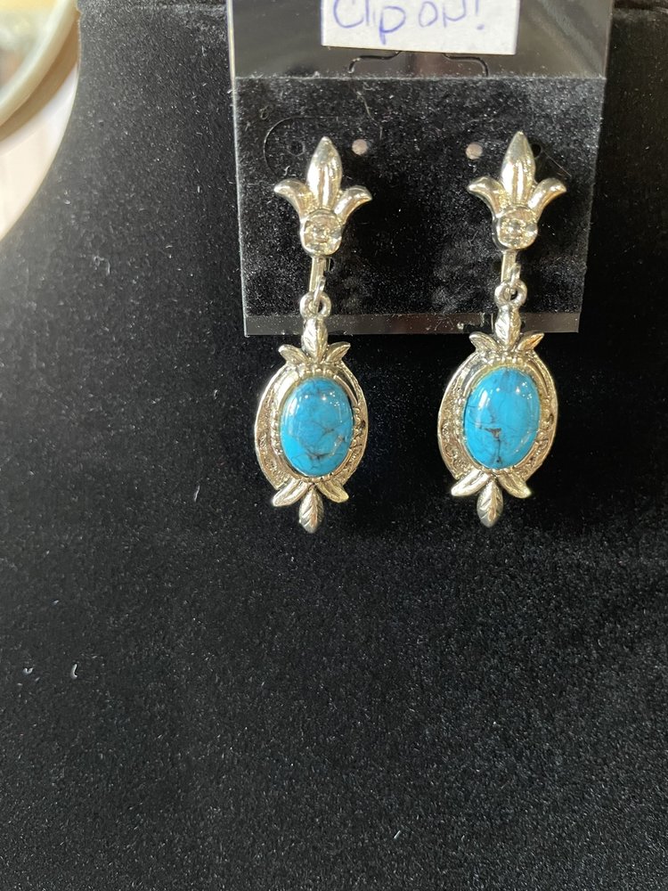 Turquoise Stone Silver Clip Earrings