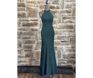 Green Glitter Halter Strappy Shoulder Gown - Elements Unleashed