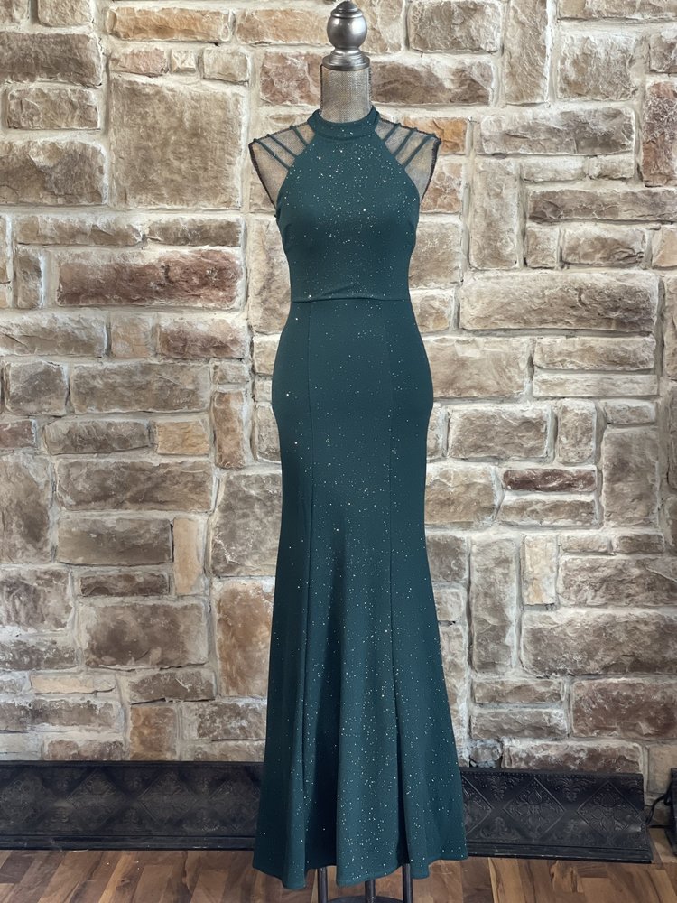 City Studio Green Glitter Halter Strappy Shoulder Gown