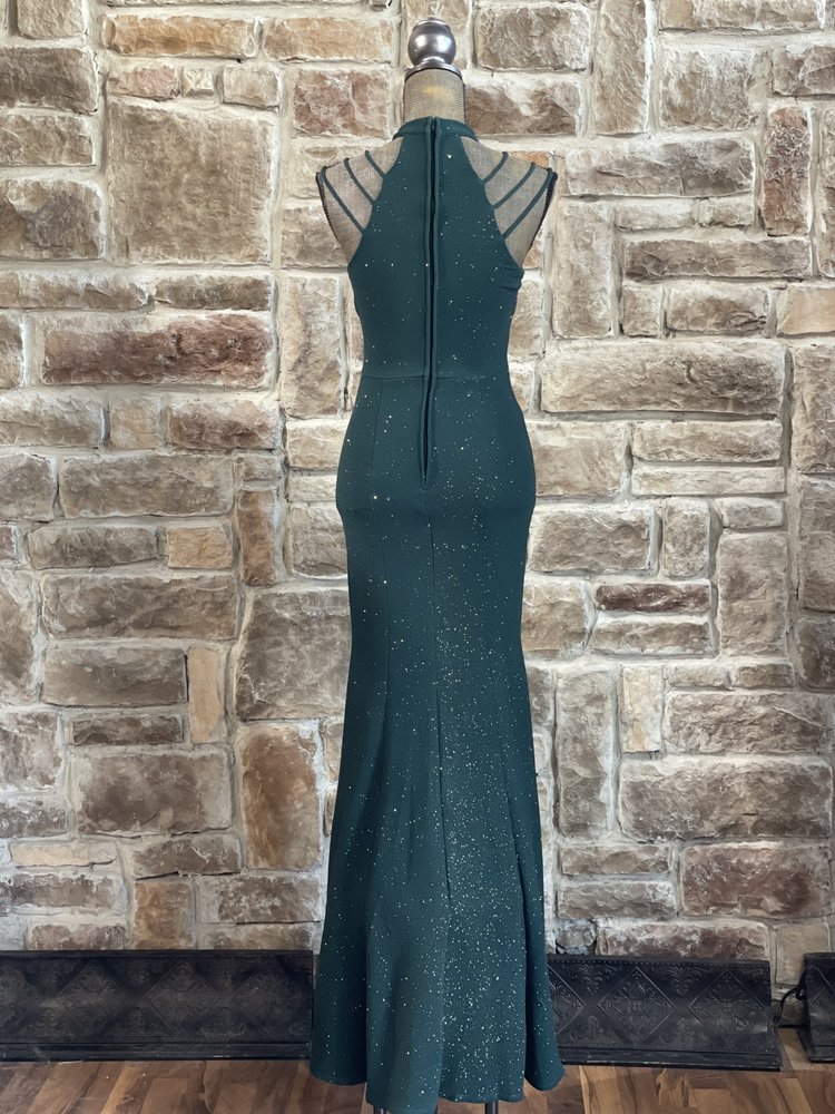 City Studio Green Glitter Halter Strappy Shoulder Gown