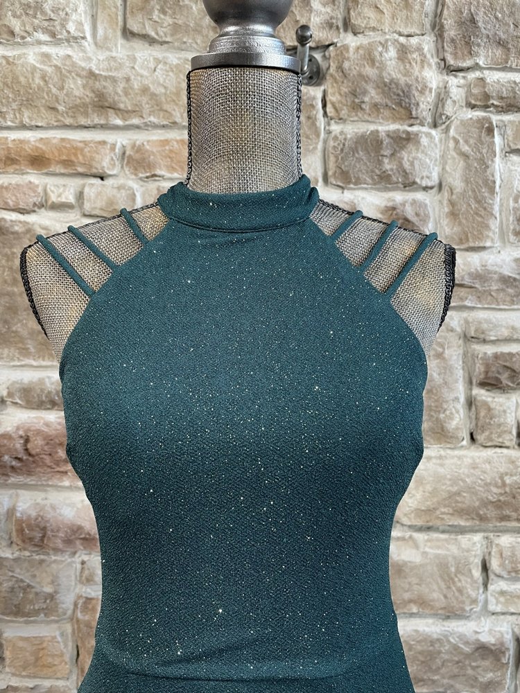 City Studio Green Glitter Halter Strappy Shoulder Gown