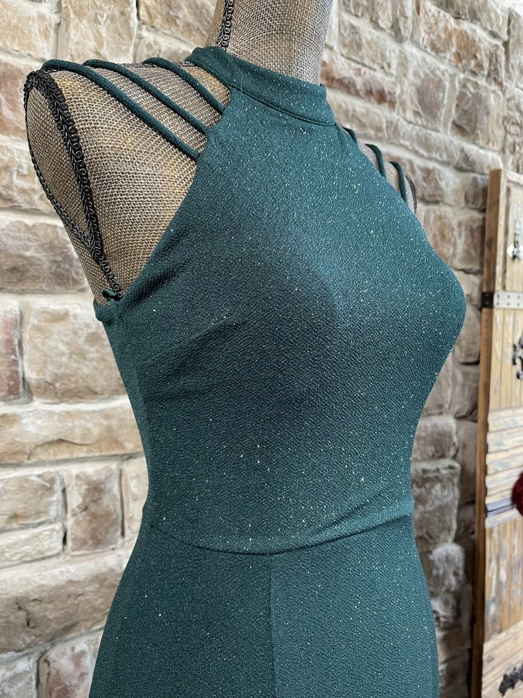 City Studio Green Glitter Halter Strappy Shoulder Gown