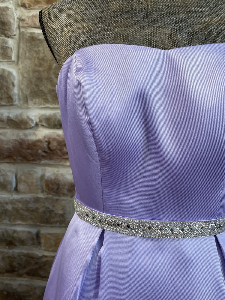 Emerald Sundae Purple Rhinestone Belt Strapless Gown w/ Pockets, Size 3/4