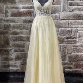 Blondie Nites Light Yellow Illusion Bodice Tulle Gown