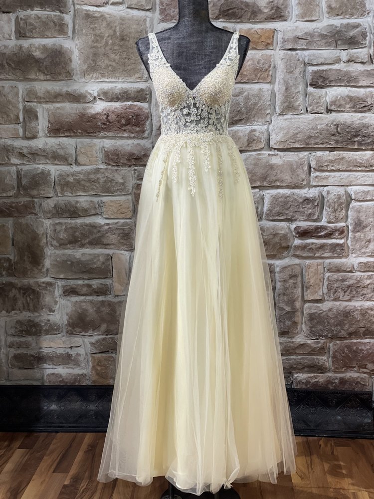 Blondie Nites Light Yellow Illusion Bodice Tulle Gown