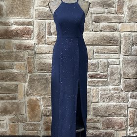 Speechless Navy Glitter Halter Lace Back Gown